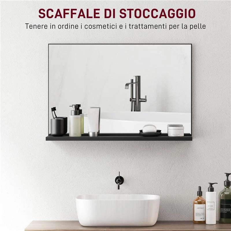 SPECCHIO BAGNO DA PARETE CON MENSOLA DESIGN MODERNO E MULTIUSO, 60X12X40 CM, NERO