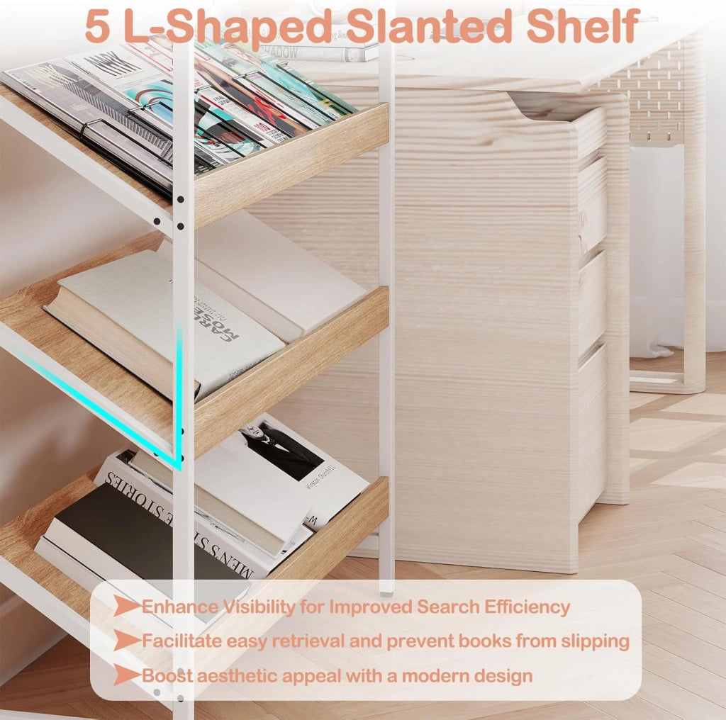 Libreria a 6 livelli con ripiani inclinati e protezione antiribaltamento, 90 x 30 x 161 cm, scaffale per soggiorno, ufficio, studio (natura)