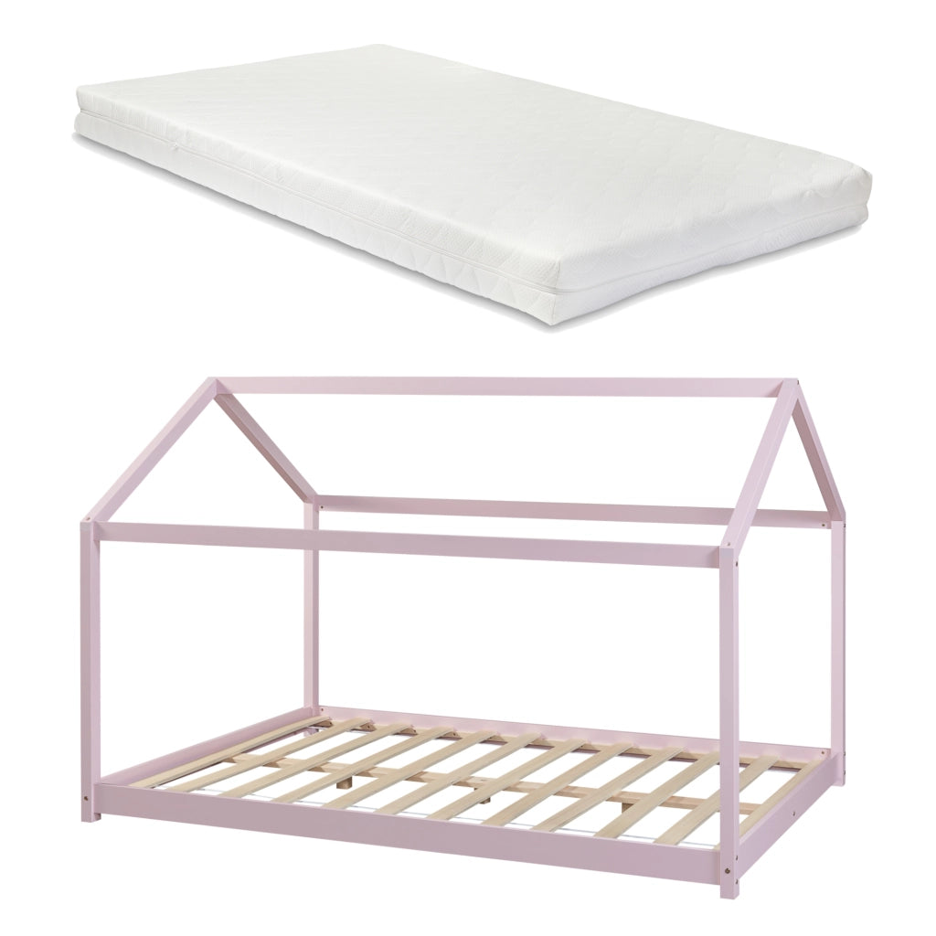 Letto per Cameretta Cerro a Forma di Casetta con Materasso 120 x 200 cm Rosa [en.casa]