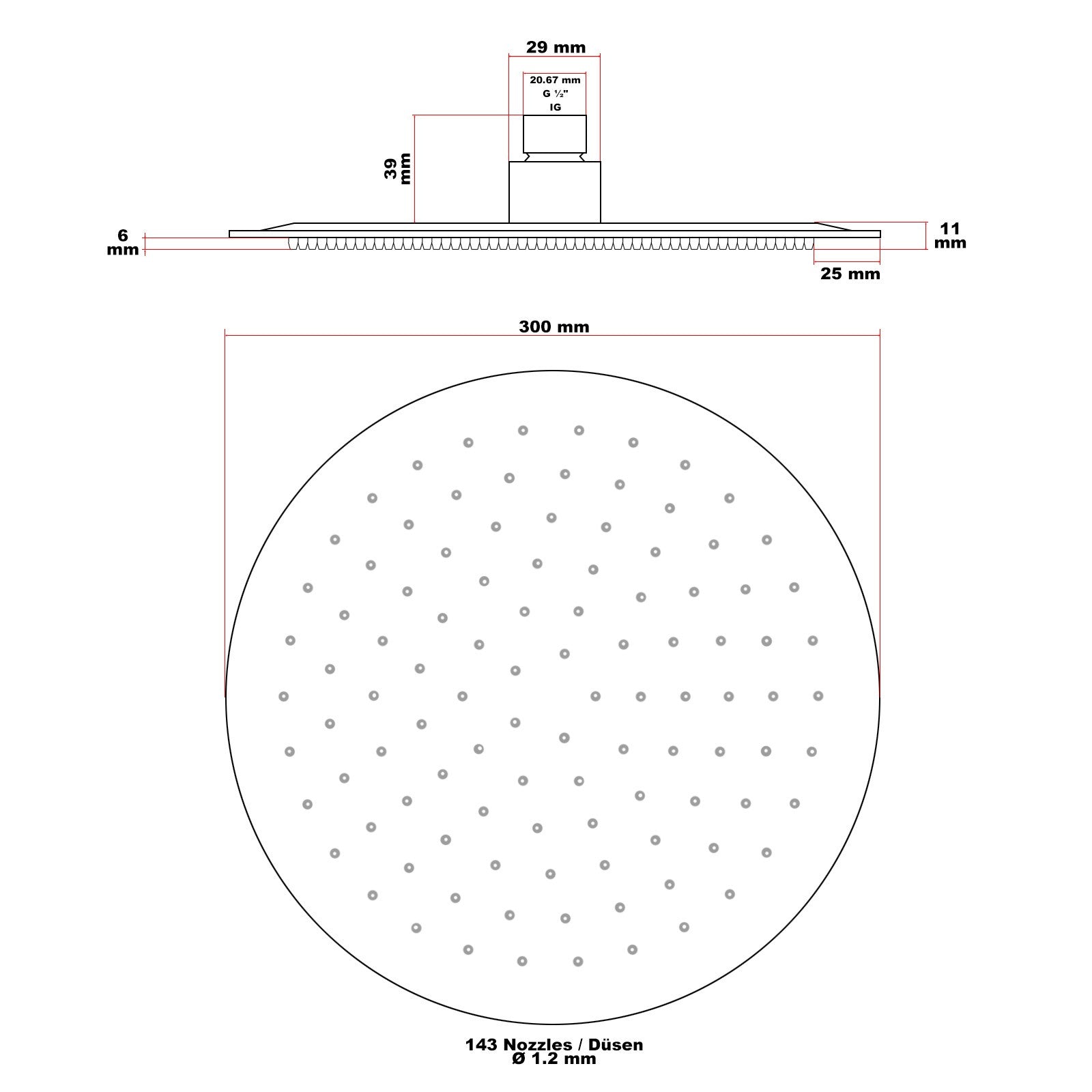 Soffione doccia tondo anticalcare da cm 30, doccia a pioggia