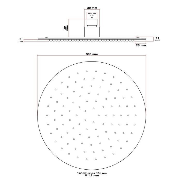 Soffione doccia tondo anticalcare da cm 30, doccia a pioggia