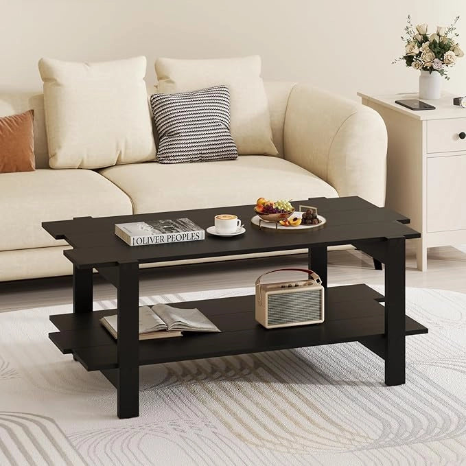Tavolino da Caffè a 2 Ripiani, Tavolino Rettangolare da Salotto in Legno con Mensola di Stoccaggio, Ideale per Ufficio e Soggiorno, 115 x 59 x 46 cm (Nero)
