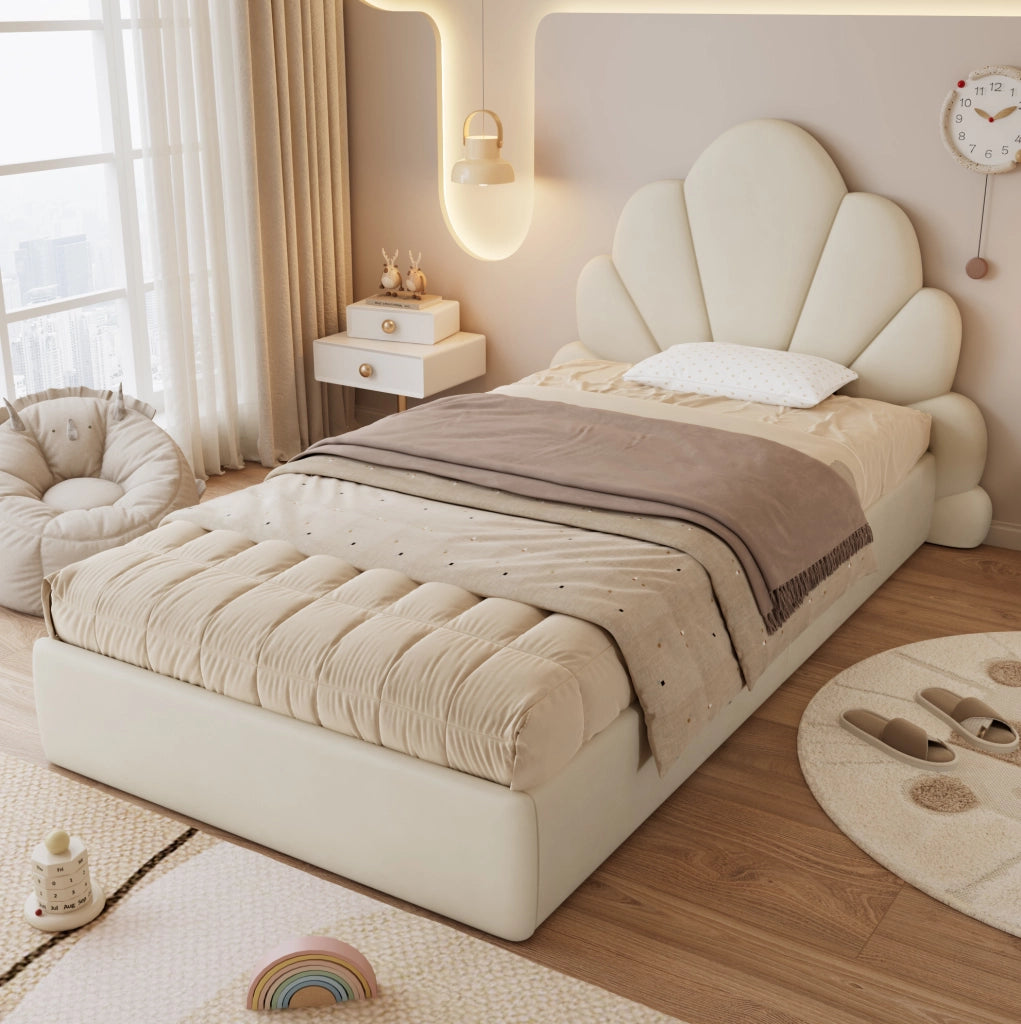 Letto singolo imbottito beige 90x200 cm con testiera floreale