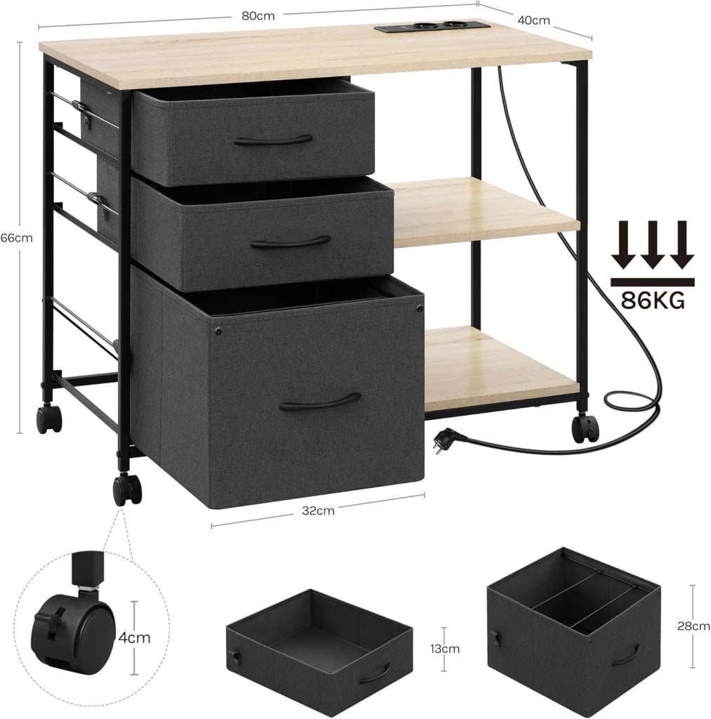 Cassettiera da Ufficio, Armadietto con 3 Cassetti e 2 Ripiani, Schedario da Ufficio con Ruote, Porta Stampante con Sezione di Ricarica, in Legno e Metallo, Rovere Chiaro, ASK07hei