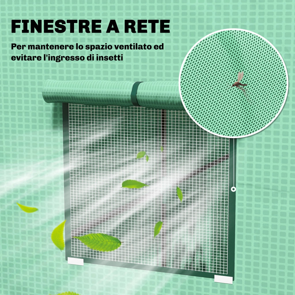 Serra per Piante con 2 Finestre Laterali a Rete e Ingresso Avvolgibile, in PE e Acciaio, 196x77x197 cm, Verde