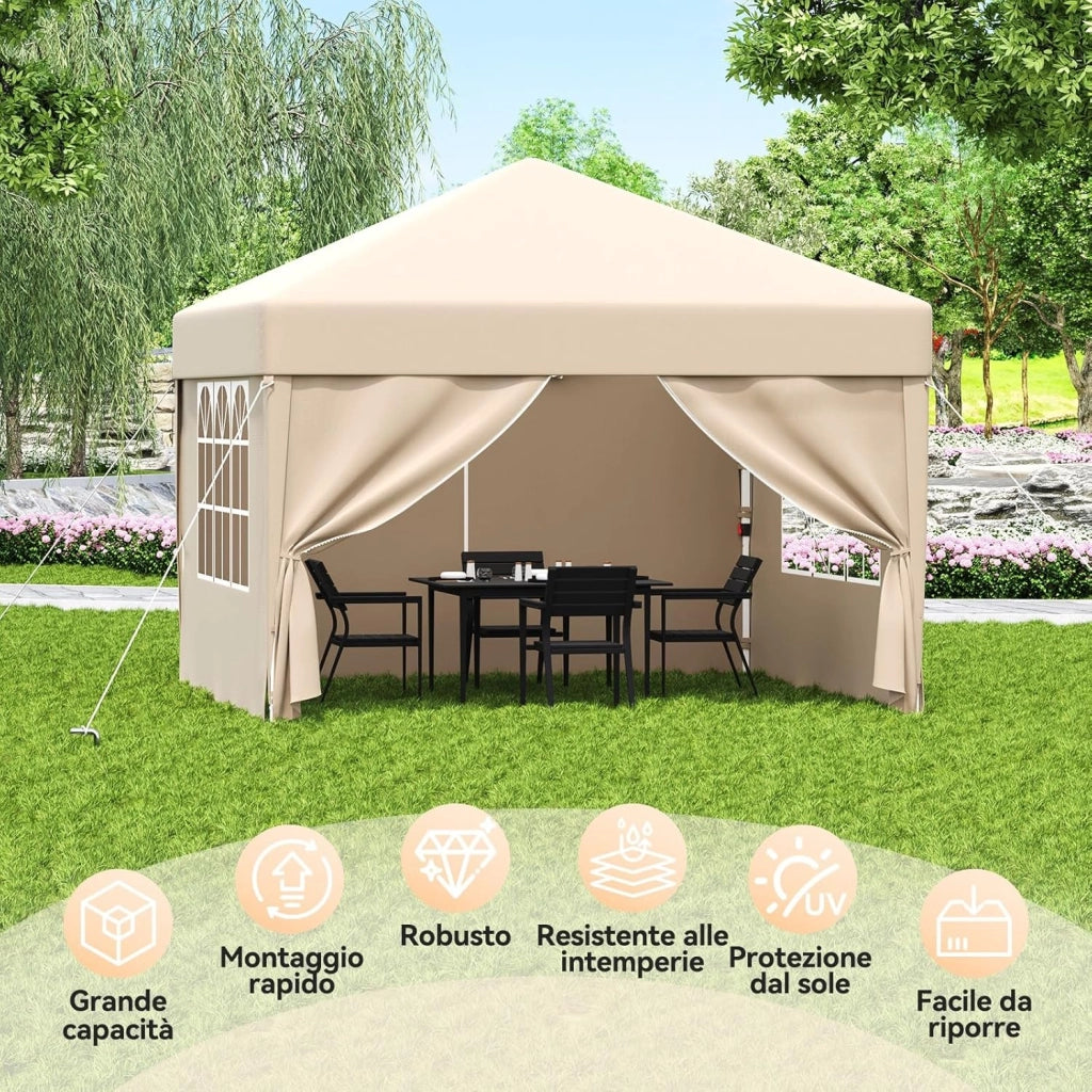 Gazebo 3x3 Pieghevole Impermeabile UPF50+, 3 Altezze Regolabili, 4 Pareti Rimuovibili, Gazebo da Giardino per 8-10 Persone, Pop-up Gazebo Esterno Resistente con Borsa da Trasporto, Beige