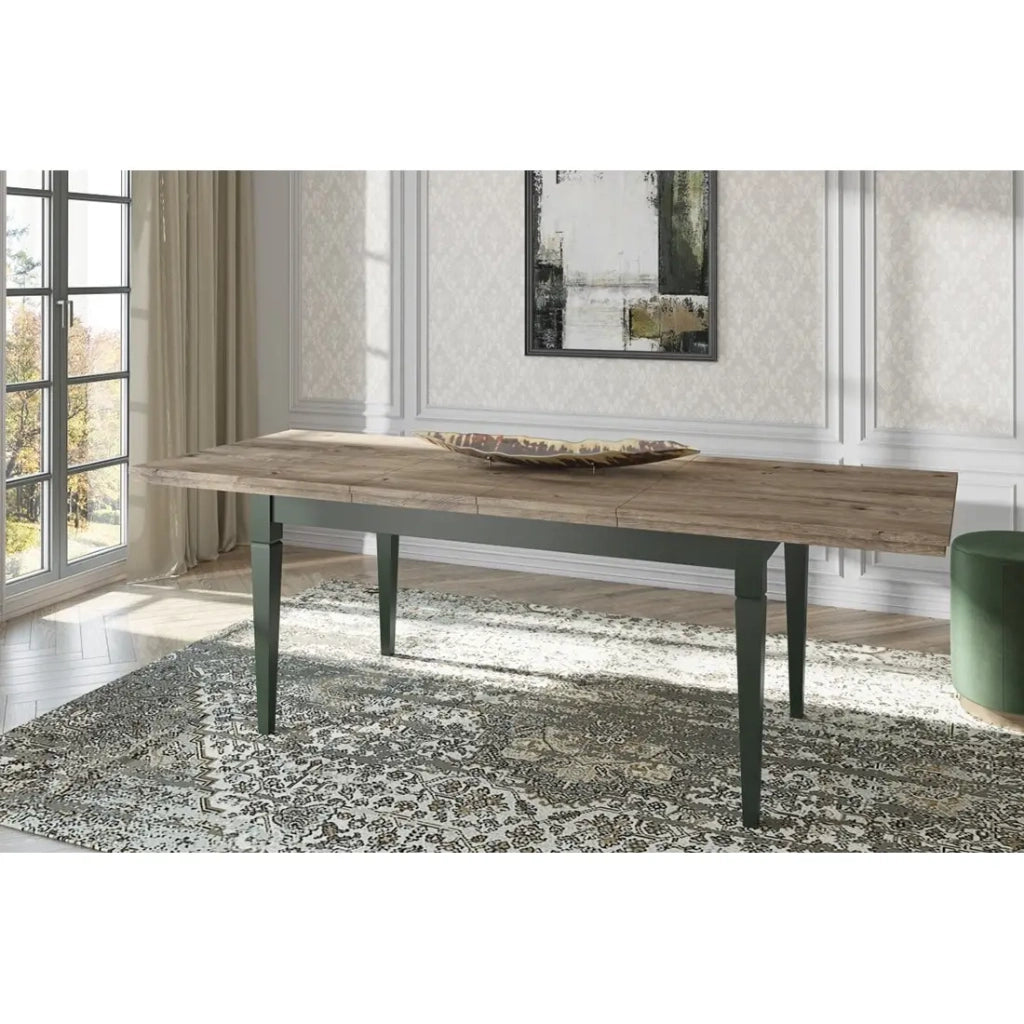 Tavolo estensibile fino a 240cm per sala da pranzo Collezione ASSIA. Colori verde e quercia.