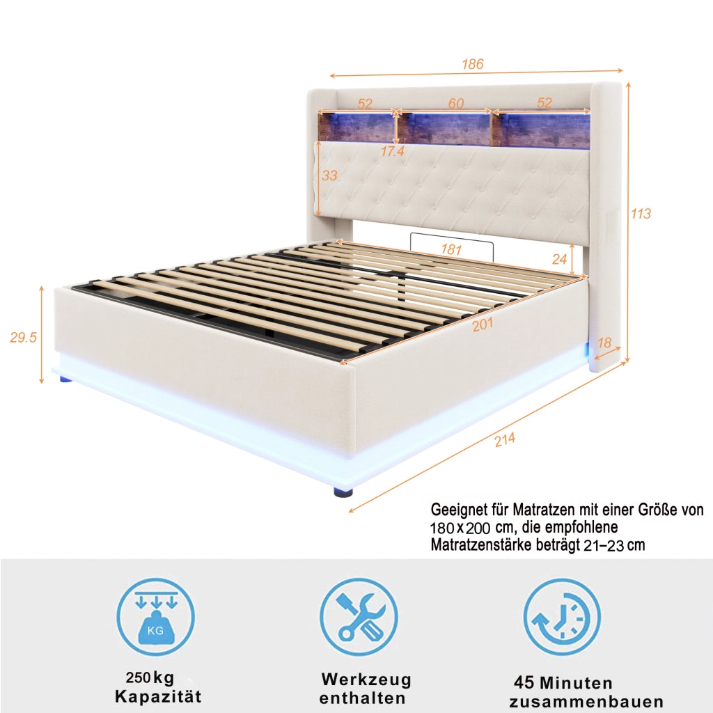 Letti contenitori 180x200 cm; luci LED multicolore e USB; tessuto; beige
