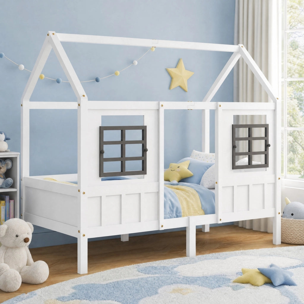 Letto a forma di casetta per bambini con 2 finestre; 200 x 90 cm; pino e MDF bianco