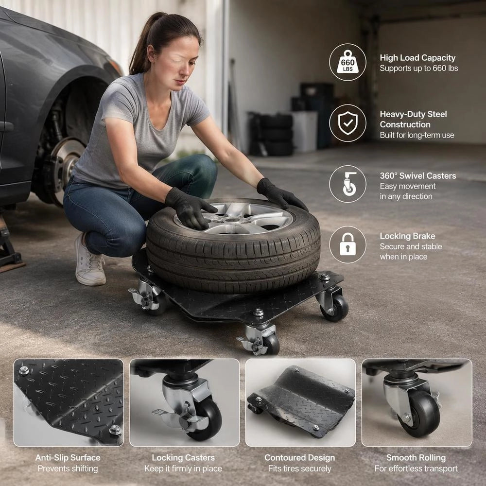 Portable Tire Trolley, 4 Pieces, 3000 Kg Load Capacity, Electric Vehicle Emergency Trolley, 4-wheel Tire Trolley, Robust, Mobile Trolley, Steel Trolley Tire Holder, Suitable For Cars, Motorcycles, Pickups, Etc.
