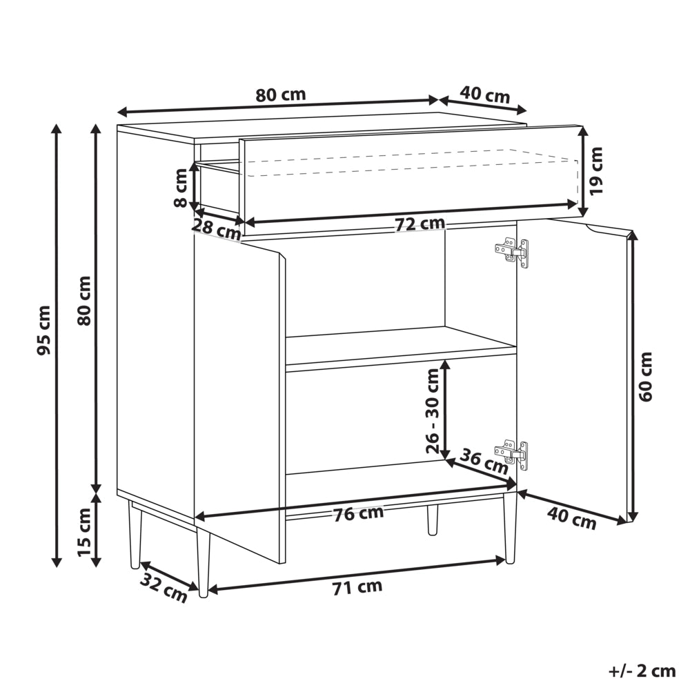 Credenza a 3 ante in MDF nero e legno di frassino naturale, con frontale a coste, 2 ripiani e un cassetto Soggiorno moderno