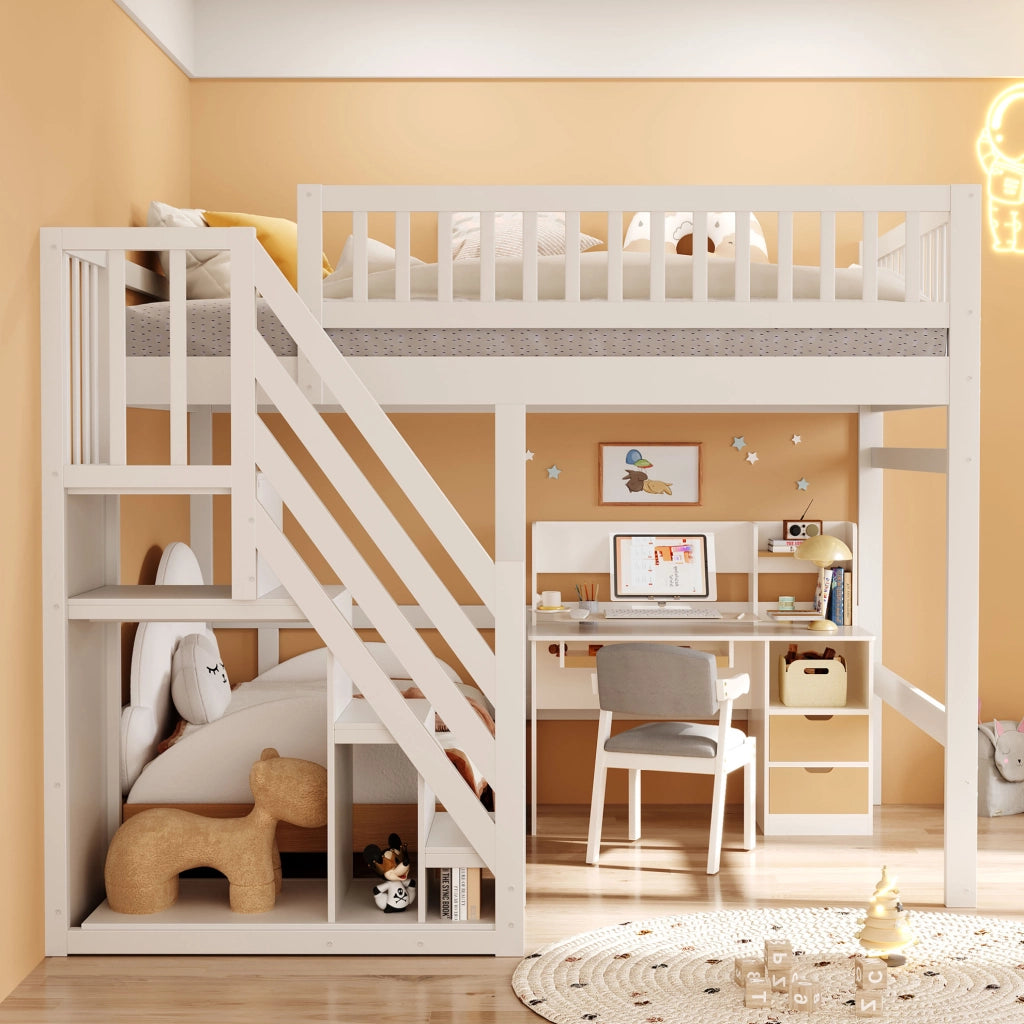Letto a soppalco 140x200 cm con scala contenitore e sponda alta