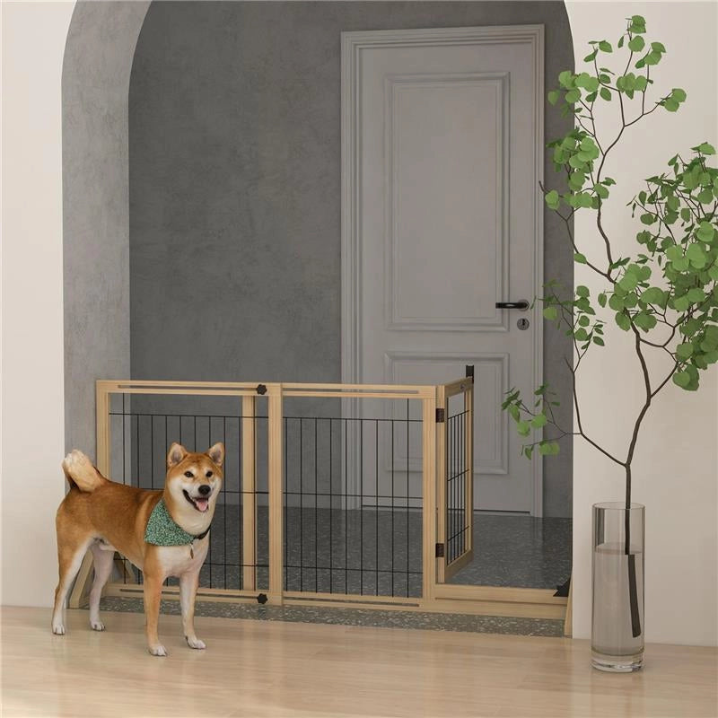 CANCELLETTO PER CANI ESTENSIBILE CON PORTA E 2 PANNELLI, PIEDINI TRIANGOLARI, 112-159X70 CM, LEGNO NATURALE