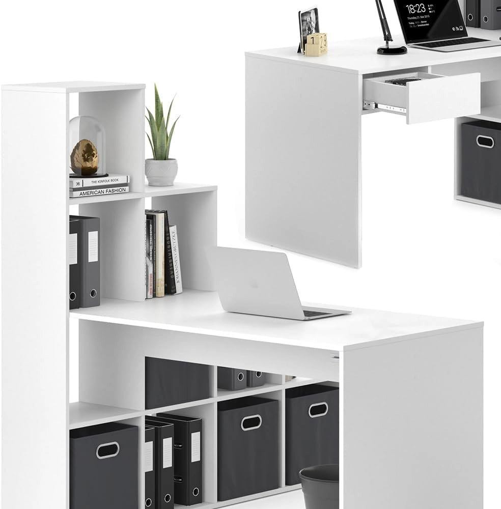 Scrivania angolare Sarah, Bianco, 139 x 142.4 cm, con mensola laterale integrata e piano di lavoro per attività al PC