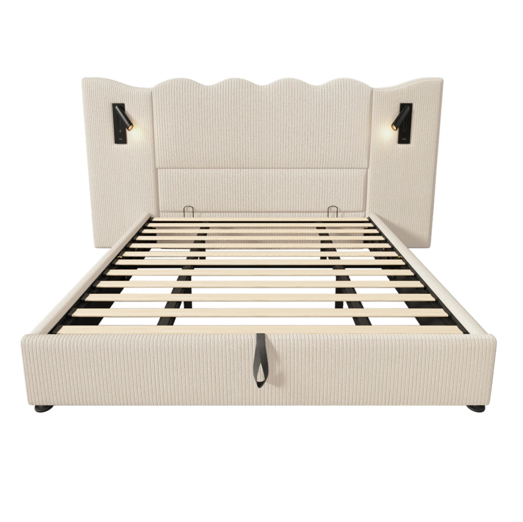 Letto contenitore 180x200 cm con lampada da lettura e USB C; velluto a coste beige