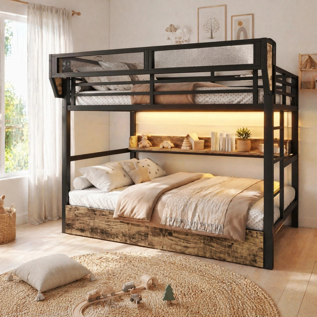Letto a castello 140×200 cm con 2 cassetti; ripiano; cestello e LED; senza materasso; nero