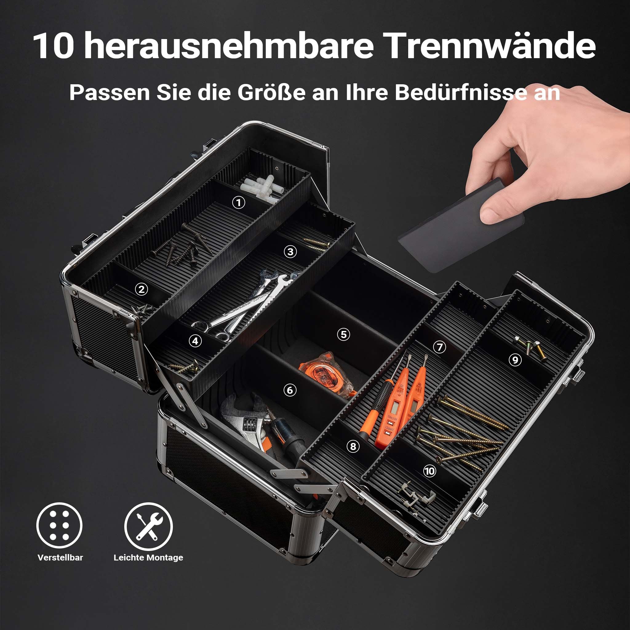 Cassetta attrezzi vuota in alluminio con 2 chiavi, valigetta universale per attrezzi 35,5 x 24 x 22,5 cm, hobby, lavoro, cassetta portautensili con separatori,