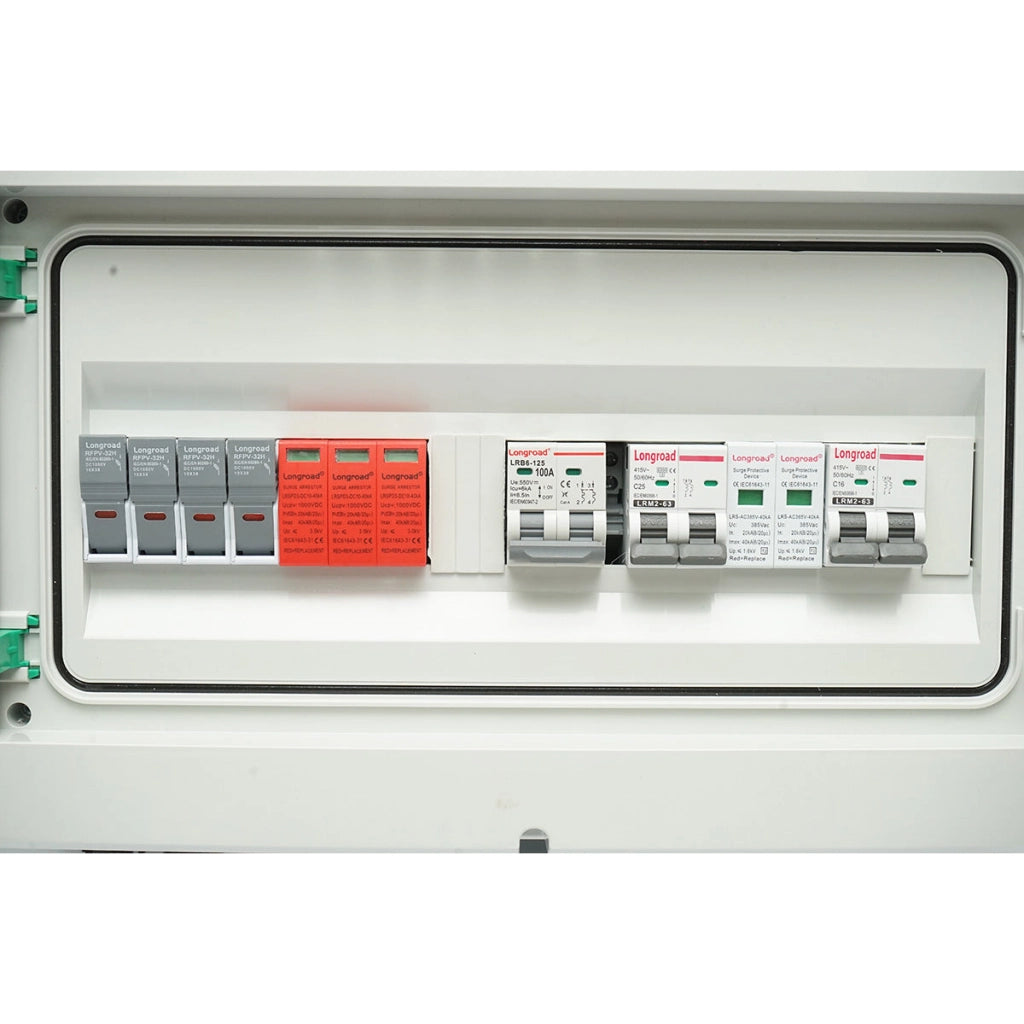 Quadro fusibili equipaggiato DC/AC 3–5 kW con protezione batterie 100 Ah per inverter ON/OFF Grid prosumer Breckner Germany