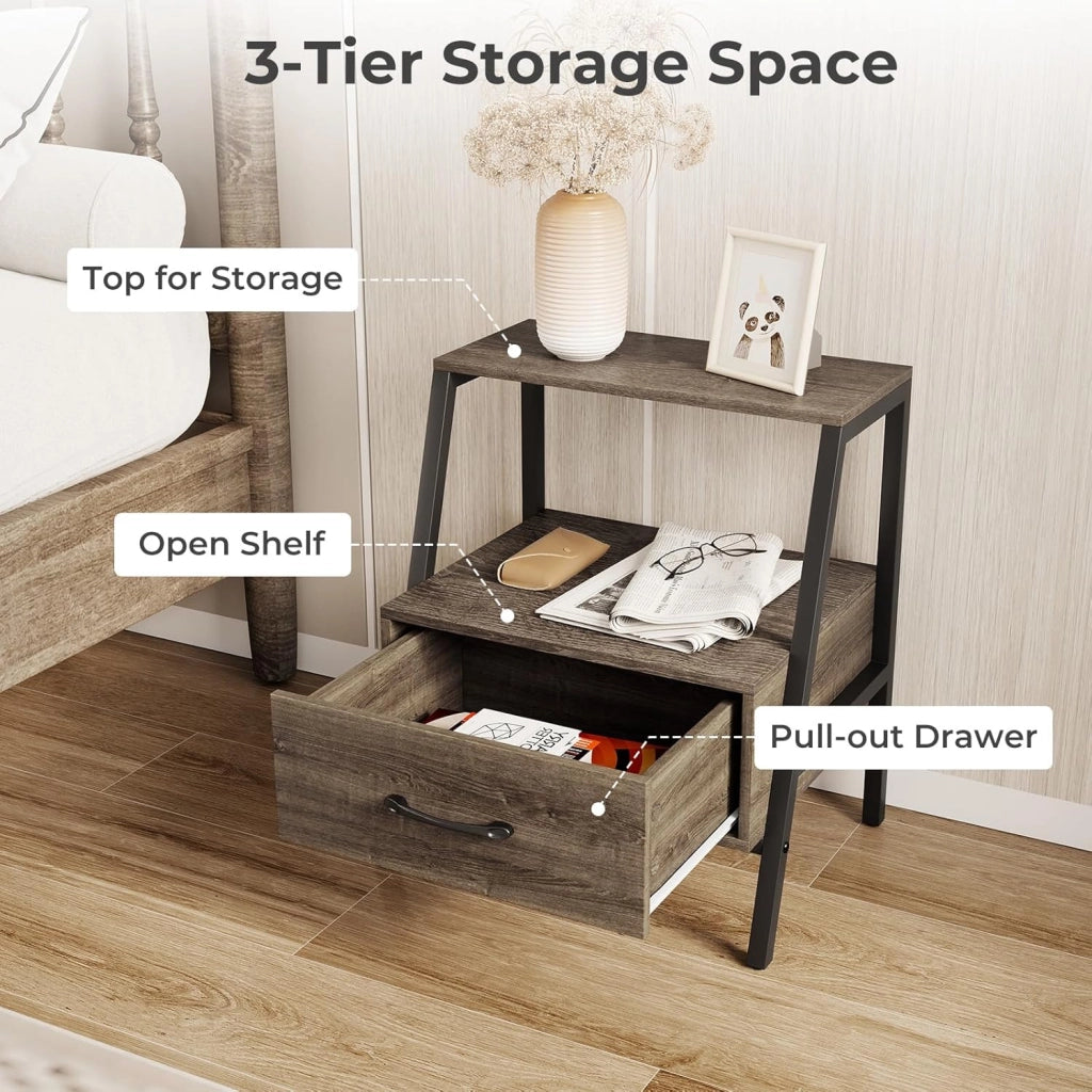 Comodino a 3 livelli con cassetto, tavolino per divano, mensola aperta, struttura in metallo resistente, comodino per soggiorno, camera da letto, ufficio, 45 x 35 x 52,5 cm, grigio