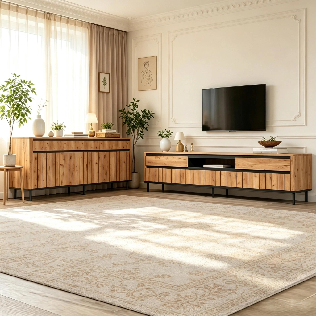 Set soggiorno con credenza 160 x 40 x 73 cm e mobile TV 180 x 40 x 52 cm, finitura naturale con dettagli neri