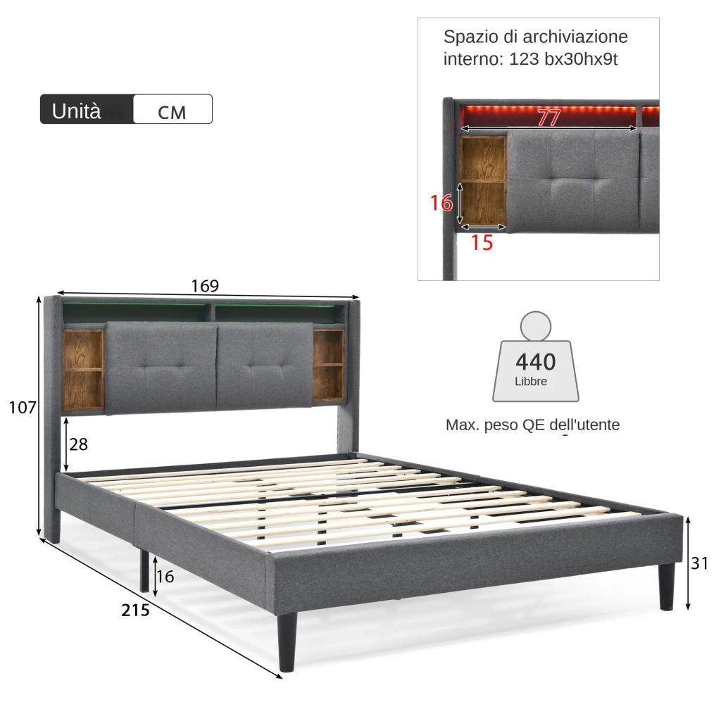 Letto matrimoniale imbottito 160x200 cm con LED; USB; presa; testiera contenitore e rete; grigio