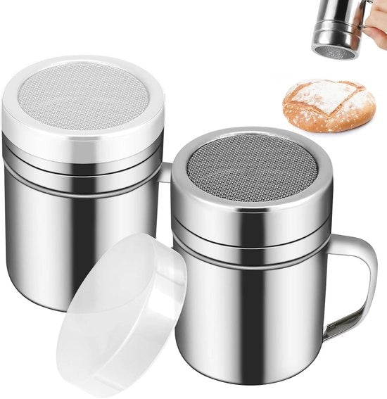 Set di 2 Mezzalune per Caffè e Desserts in Acciaio Inox con Manico, Filtro a Maglia Fine per Distribuzione Uniforme, Coperchio in Poliammide per Igiene, Capacità 6 Oz ciascuno.