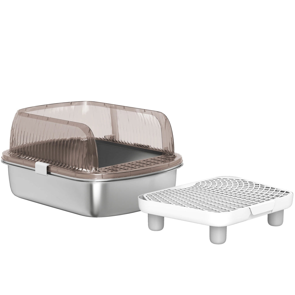 Arenero per Gatti Coperto con Vassoio in Acciaio Inossidabile ¨C Zephmum ¨C Grigio