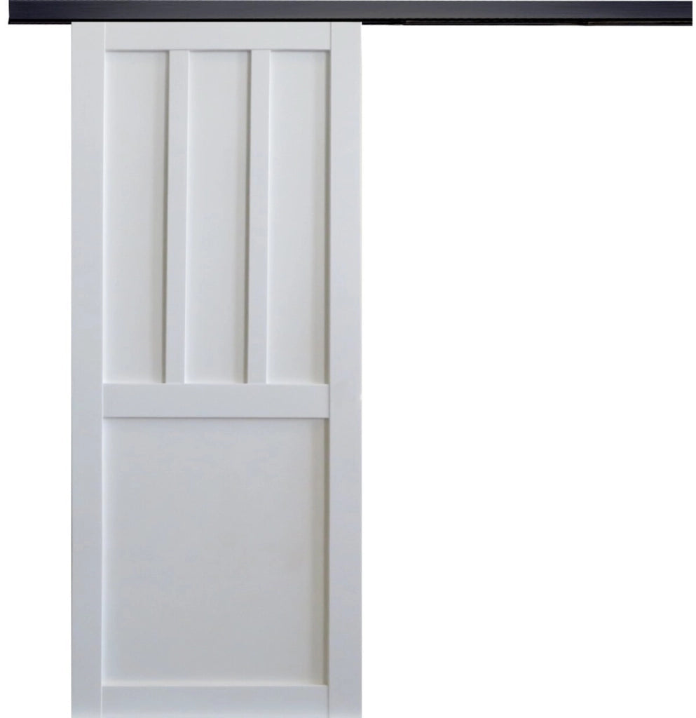 Porta scorrevole Officina 2 pannelli bianchi, larghezza 73 +binario in alluminio nero