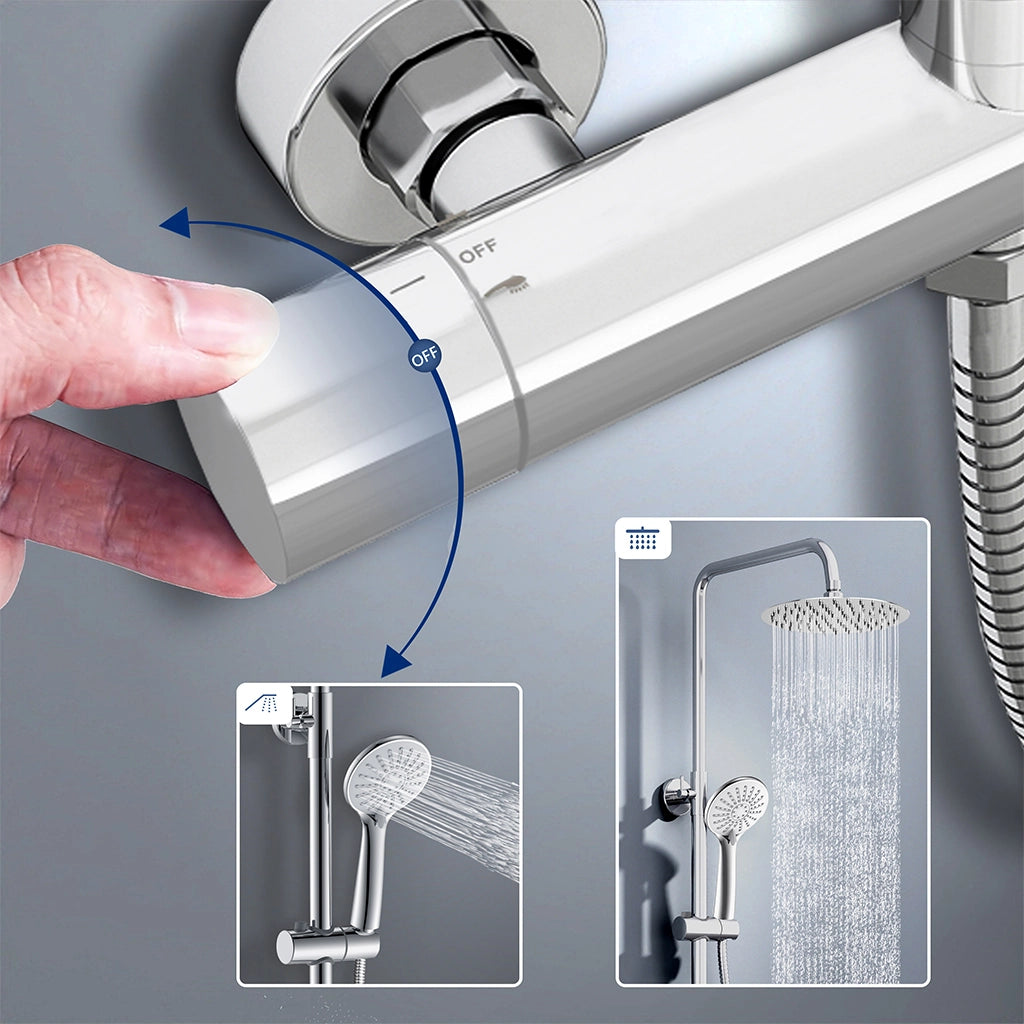 colonna doccia rotonda completo di miscelatore termostatico cilindro, soffione rotondo 25x25cm, cromo