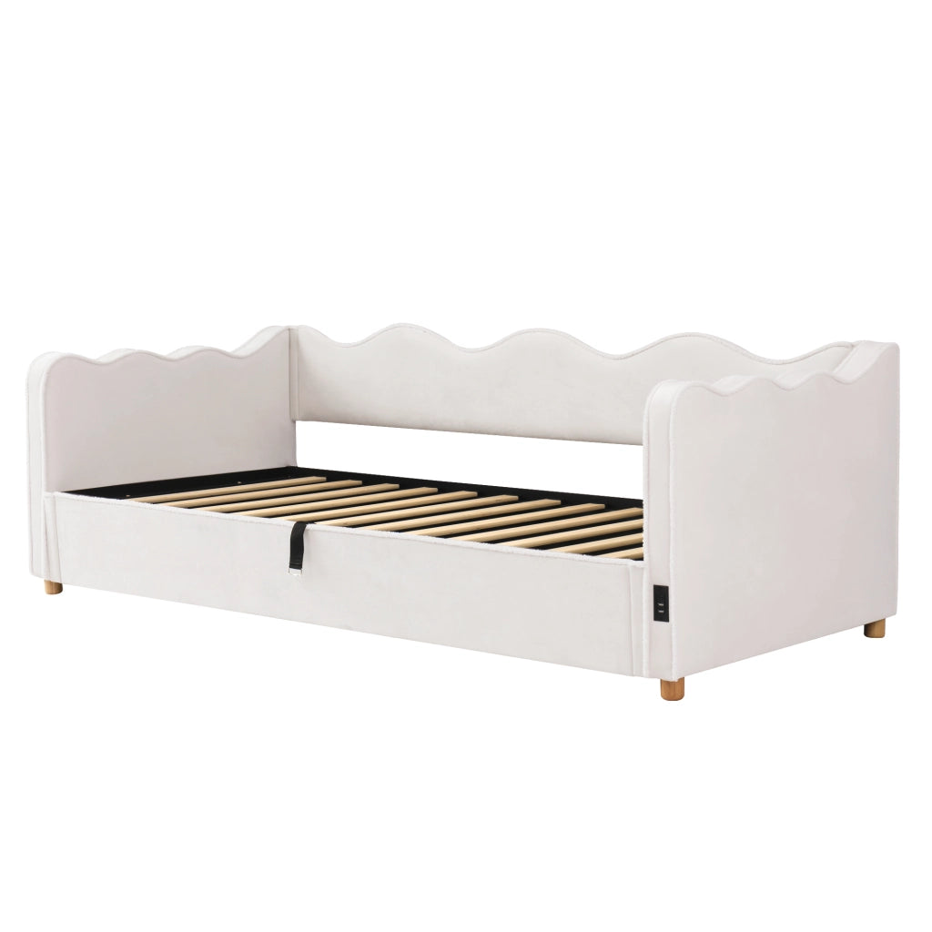 Letto imbottito 90x200 cm con contenitore idraulico, struttura con rete, velluto beige, USB e Type-C