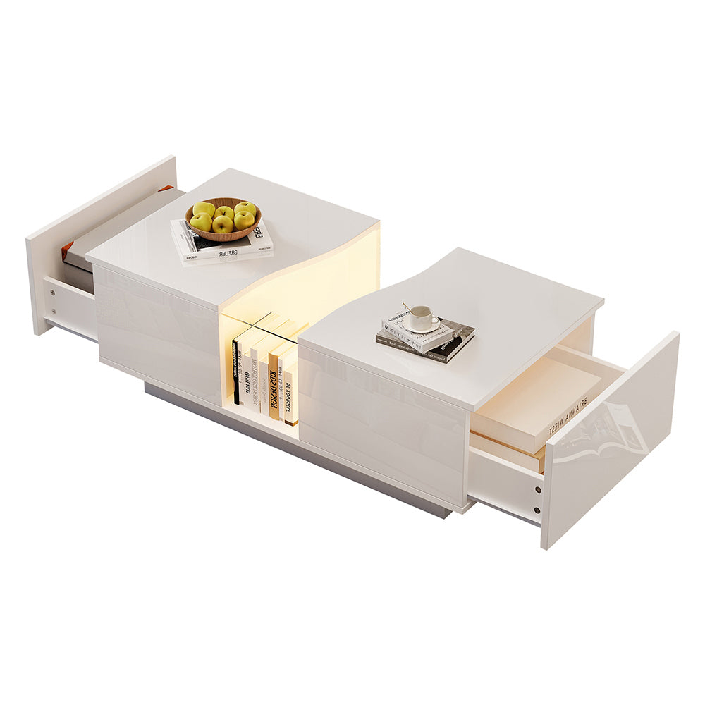 Tavolino-Xylo-100x50x35cm bianco 2 cassetti LED acrilico
