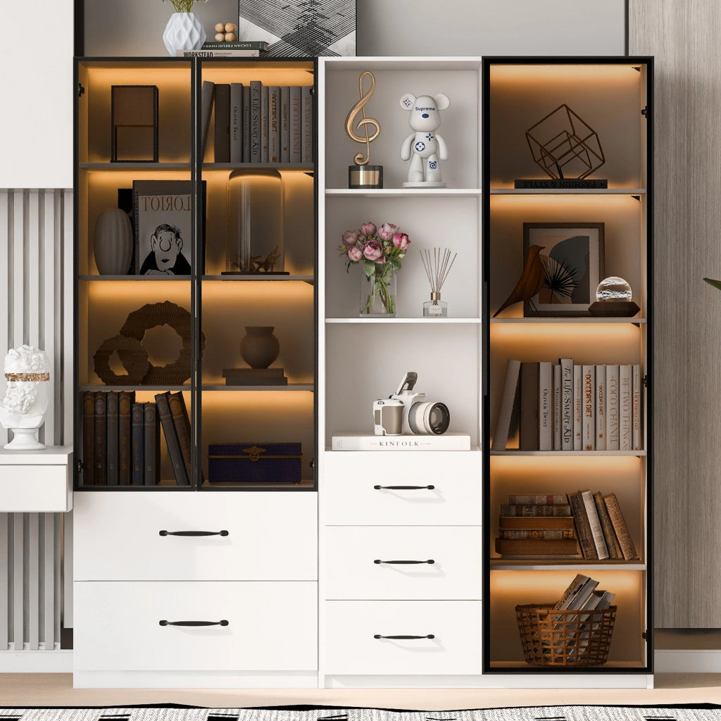 Vetrina Modulare con 5 Cassetti; Vani Aperti e LED Multicolore; Vetro di Sicurezza; Bianco; in Truciolare; 140??40??160 cm