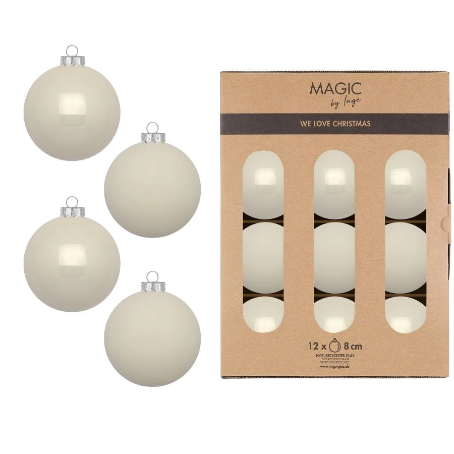 CONFEZIONE 12 PALLE IN VETRO BIANCO MANDORLA DIAMETRO 8 CM