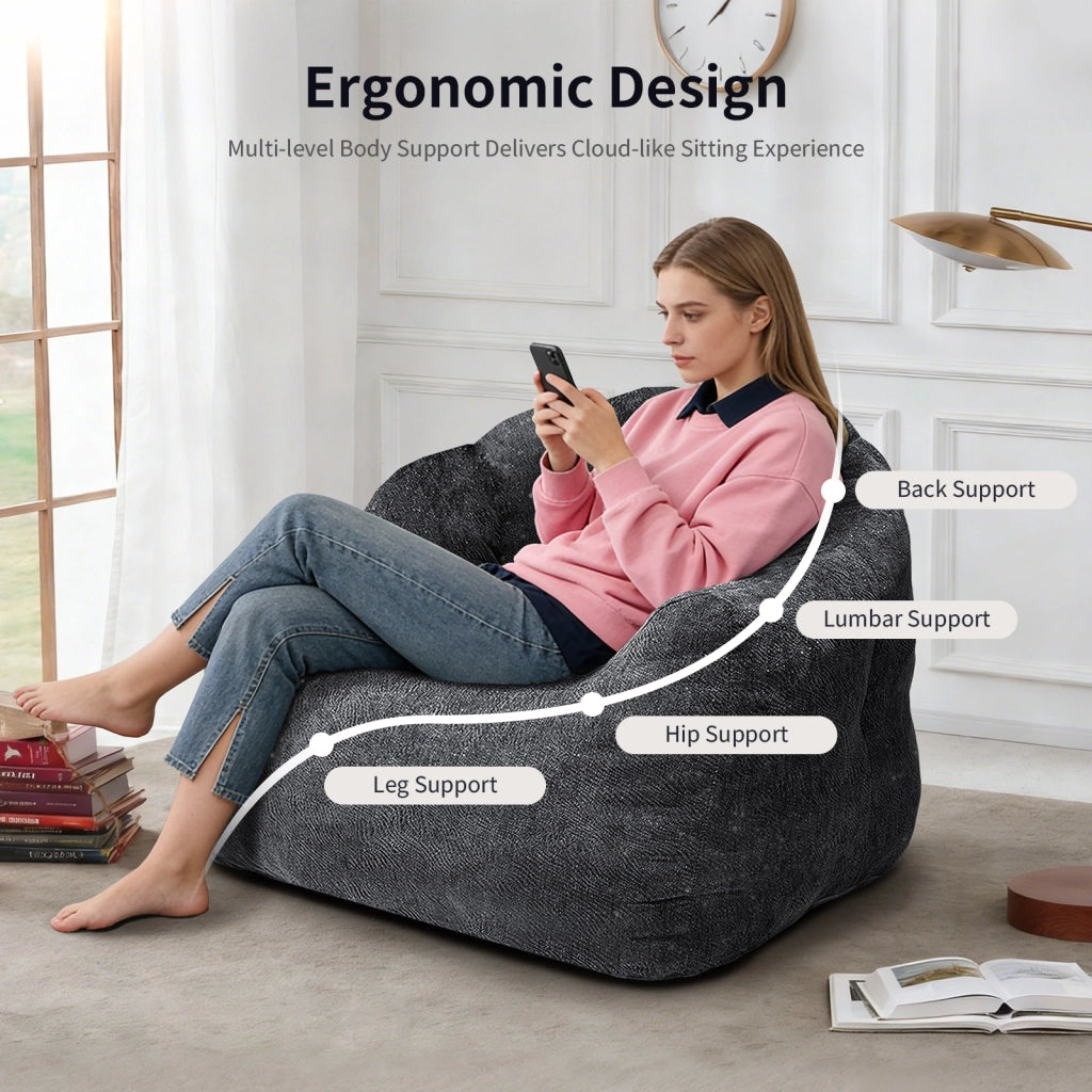 Poltrona a sacco ergonomica rotonda per relax e lettura con design avvolgente in flanella nera 49 × 40 × 28 cm