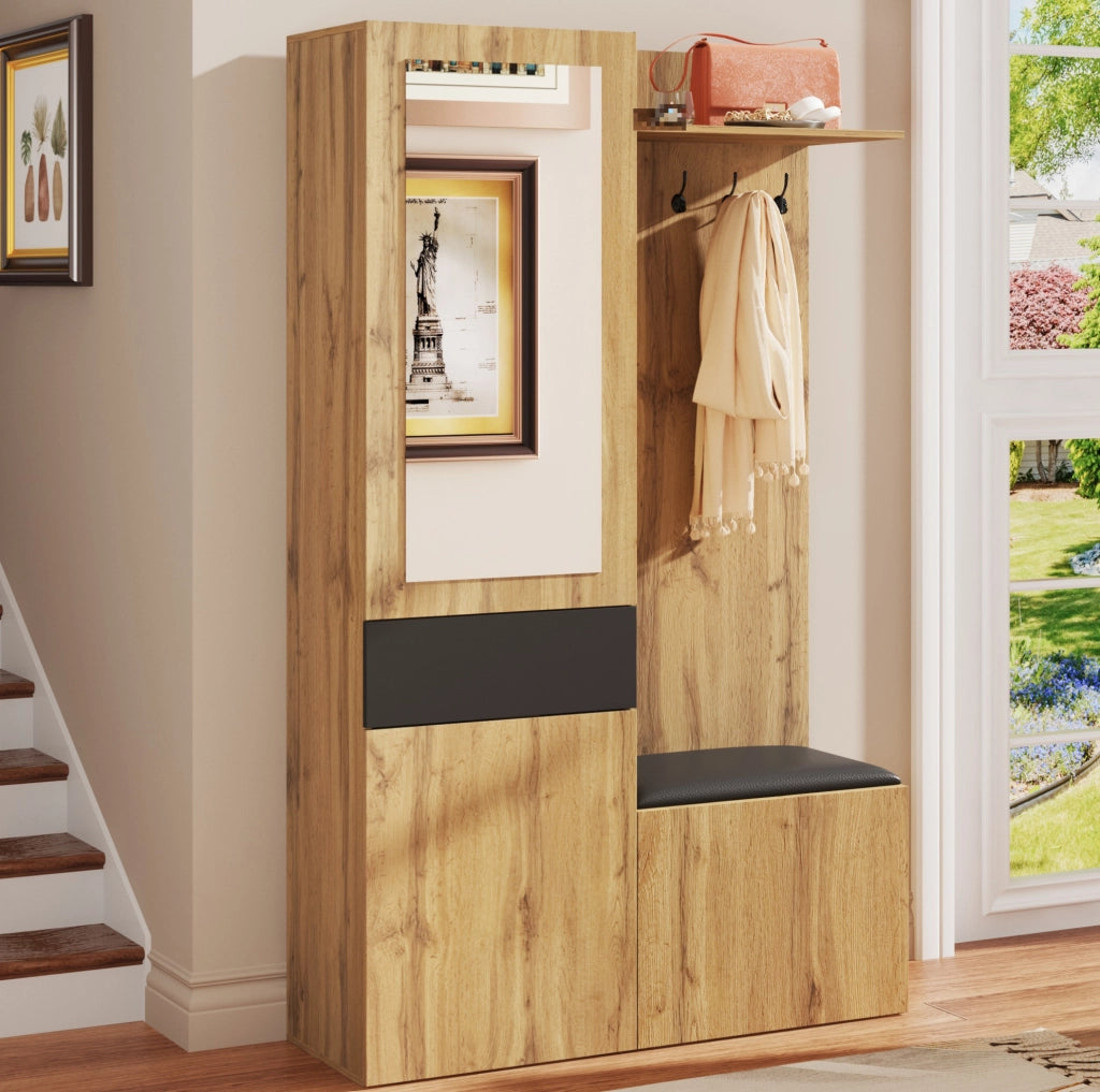 Mobile da ingresso 98，5x38x191 cm in MDF nero e legno con specchio