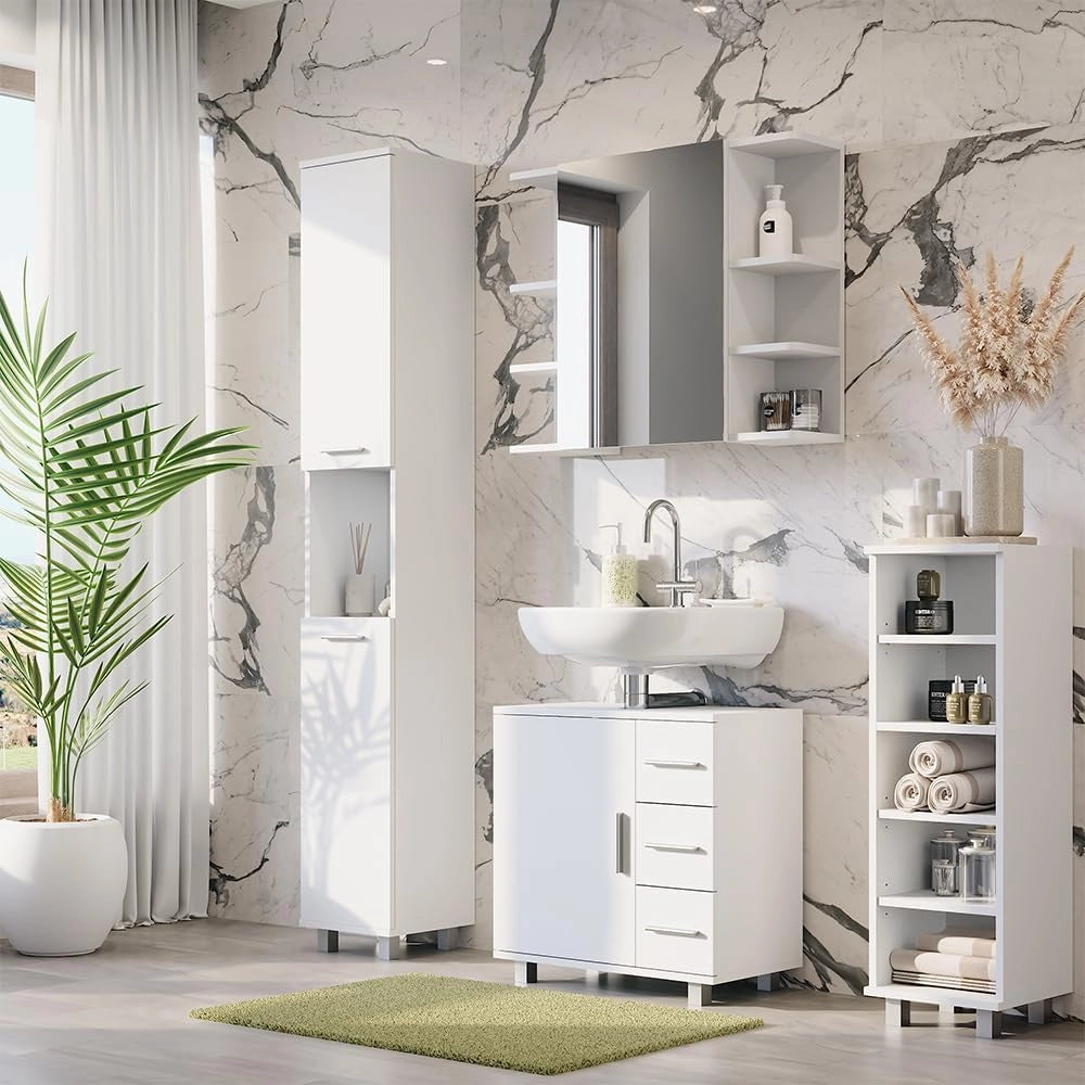 Set di mobili da bagno Ilias, Bianco, 60.2 cm, composto da mobile lavabo, pensile a specchio, colonna e base media