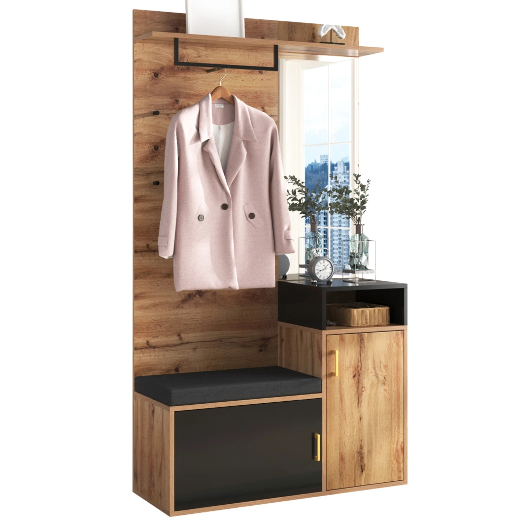 Set ingresso con scarpiera; specchio; 4 ganci e panca; 105x40x191;5 cm; nero e legno