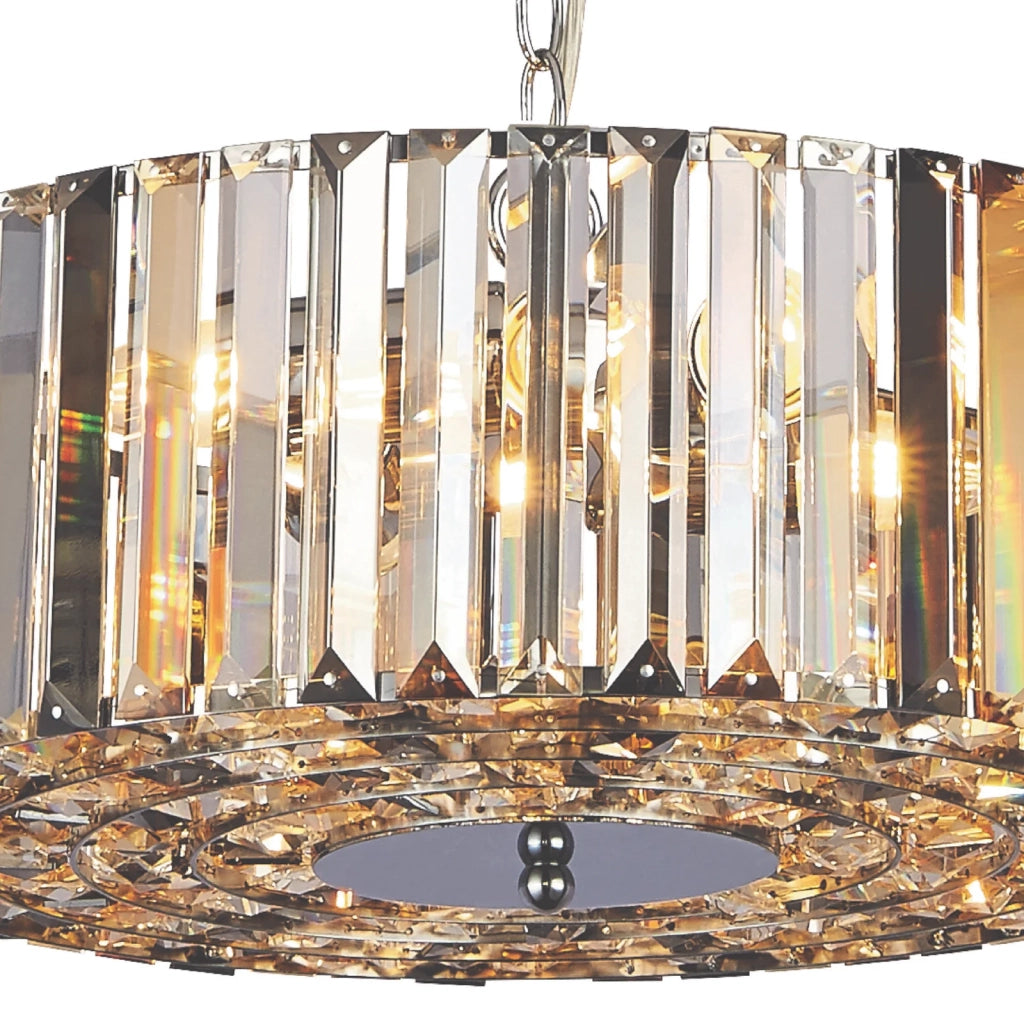 Lampadario Contemporaneo Chapeau Acciaio Cromo Vetro Ambra 5 Luci E27