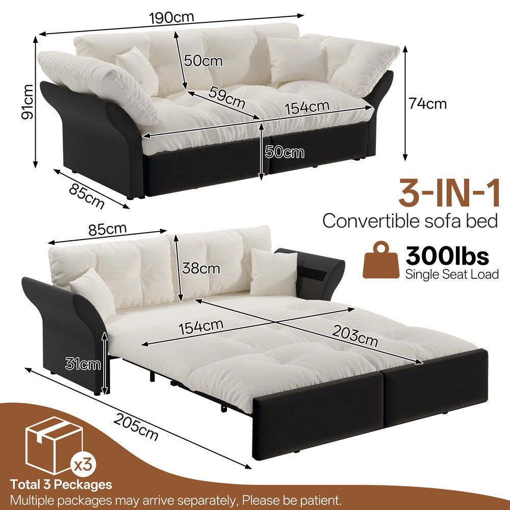 Divano Letto 3 in 1 Estraibile con Cuscini ¨C Xylo ¨C Velluto Beige/Bianco 190 cm