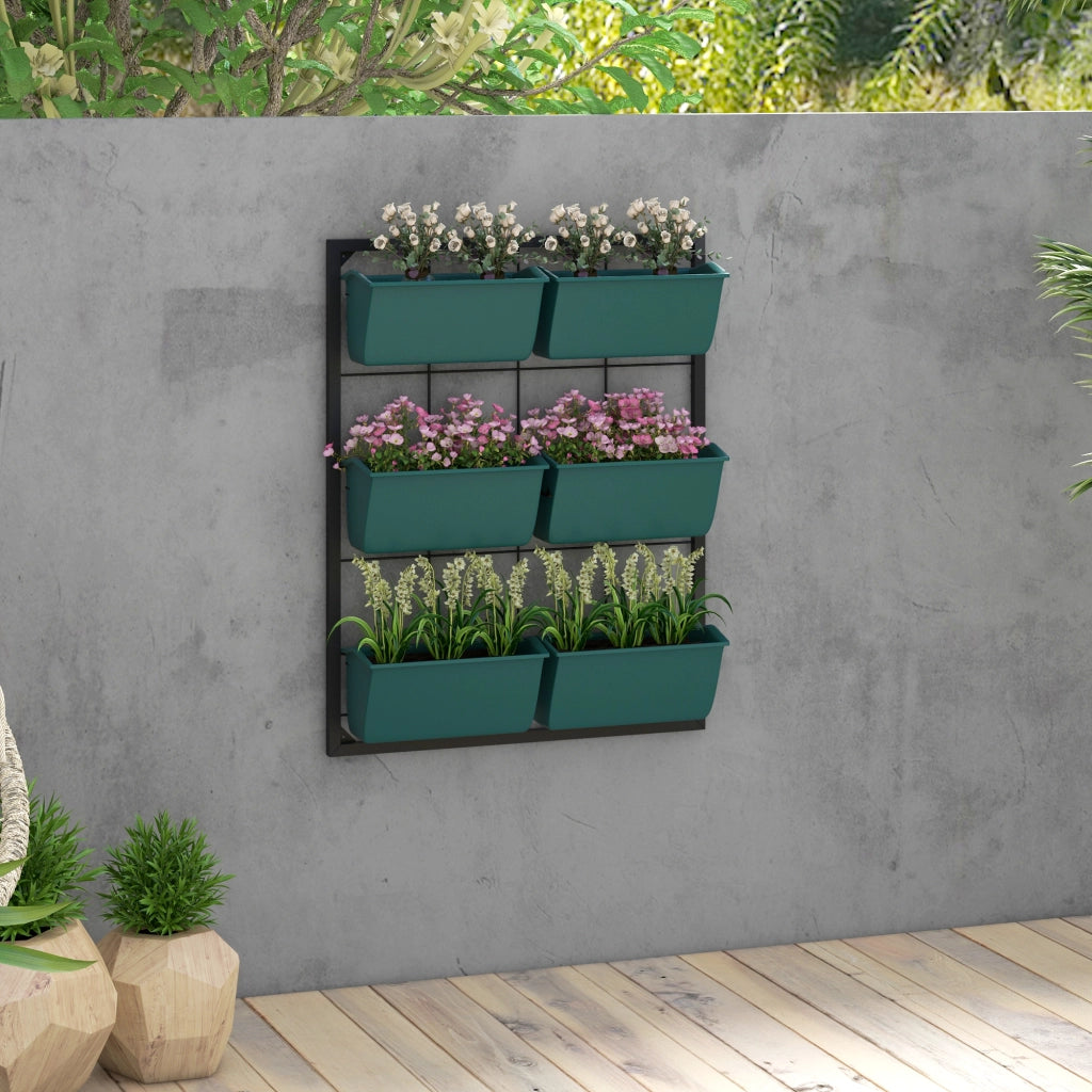 Orto Verticale da Parete a 3 Livelli con 6 Vasi, in Acciaio e Plastica, 52x14x66 cm, Verde