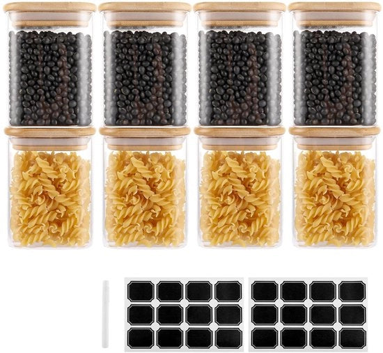Set di conservazione in vetro - 8 pezzi - 500ml - coperchio in legno quadrato - set di erbe - ideale per la cucina