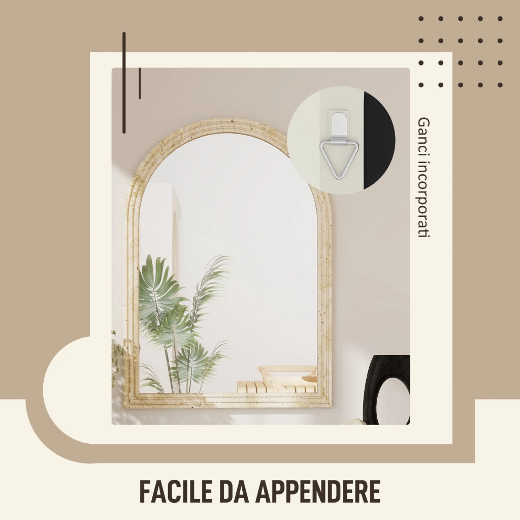 Specchio da Parete ad Arco 60x2x90 cm Cornice Effetto Pietra in Polistirene Beige