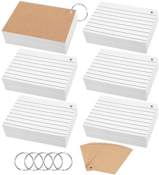 Indexcard A7 - 500 pezzi - Gelinieerd/Wit - Cartelle di apprendimento - Flashcards - Con anello - 150 g/m² Carta