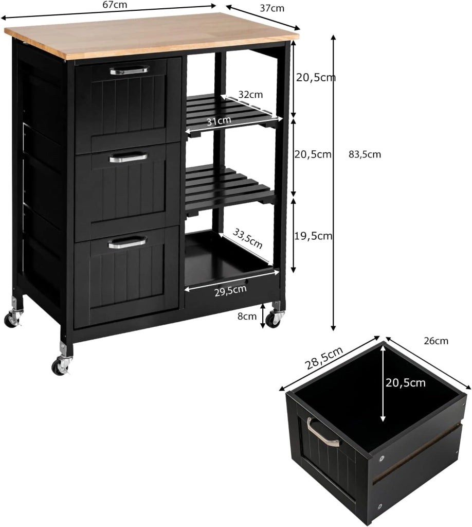 Carrello da Cucina con Ruote, Credenza Cucina con 4 Ripiani e 3 Cassetti, in Legno, Ideale per Cucina Ristorante e Bar, 67 x 37 x 83,5 cm (Nero)