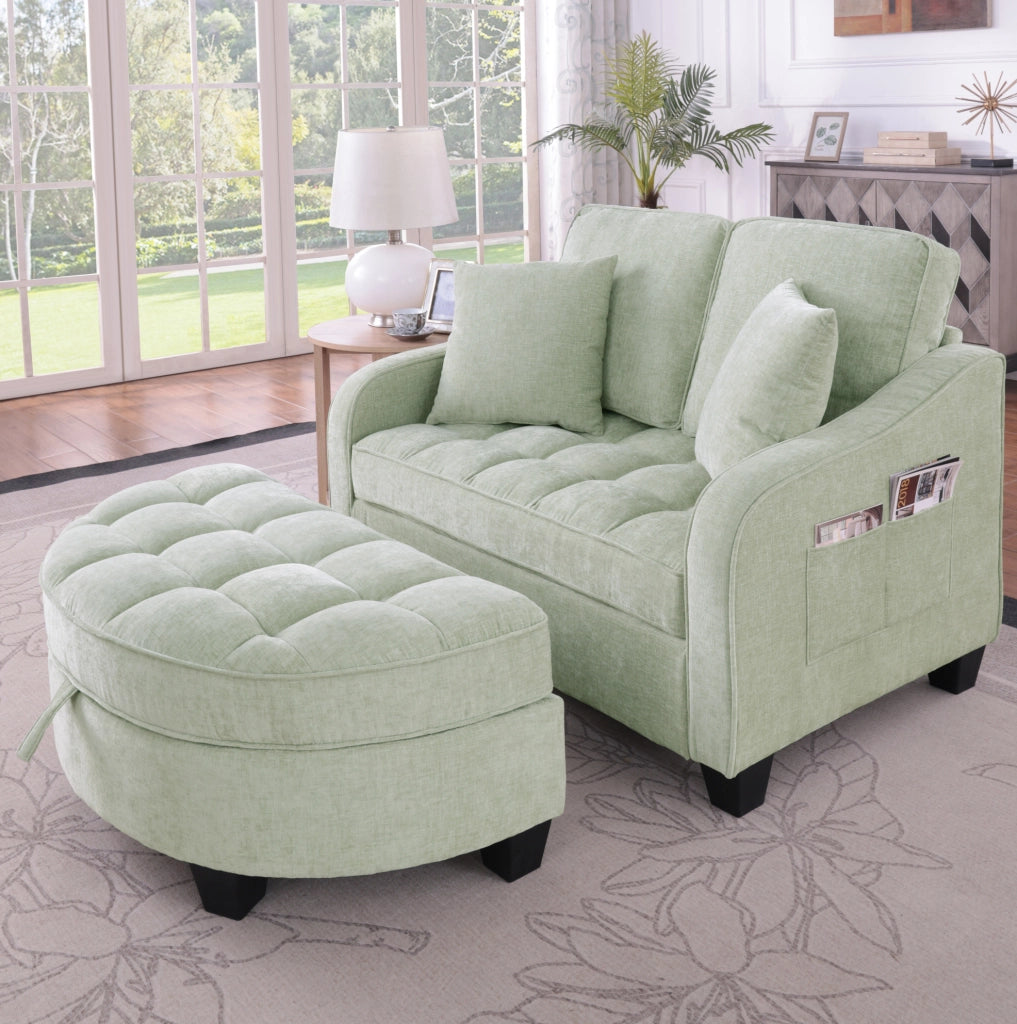 Divano letto 132x129x93 cm 2 in 1 con pouf contenitore in legno di eucalipto ciano