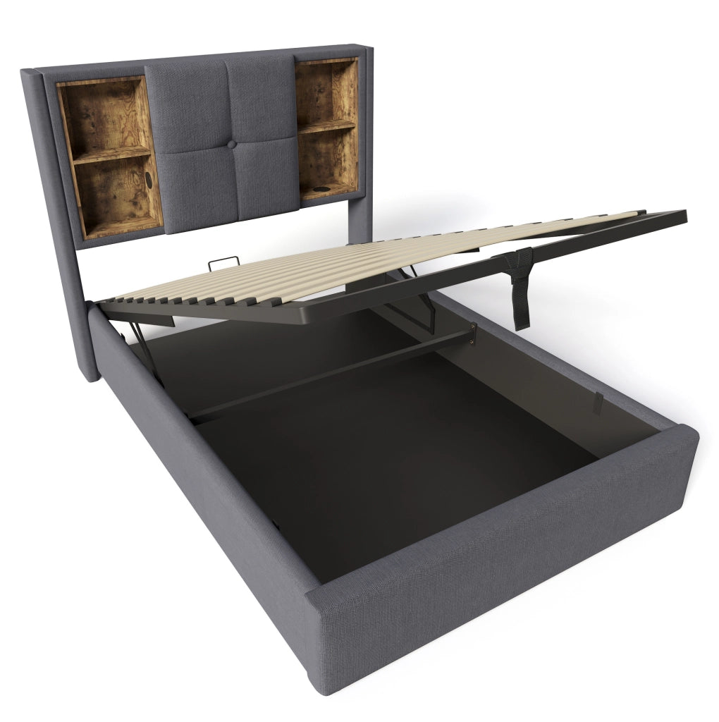 Letto singolo imbottito 90x200 cm grigio con ricarica wireless; USB e contenitore