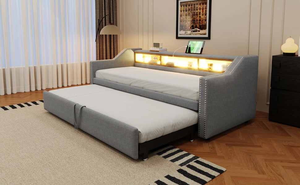 DESMIU Lit divano 90 × 190 cm 2 posti con cassetti, LED, USB e ripiani, senza materasso, grigio chiaro