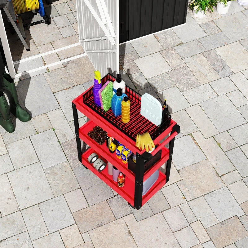 Carrello portautensili a 3 livelli in metallo rosso, 120 kg, con ruote e maniglia