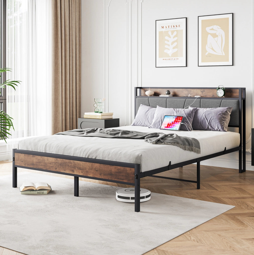Letto 140x200 cm con LED; testiera contenitore con USB e presa; MDF e metallo marrone anticato