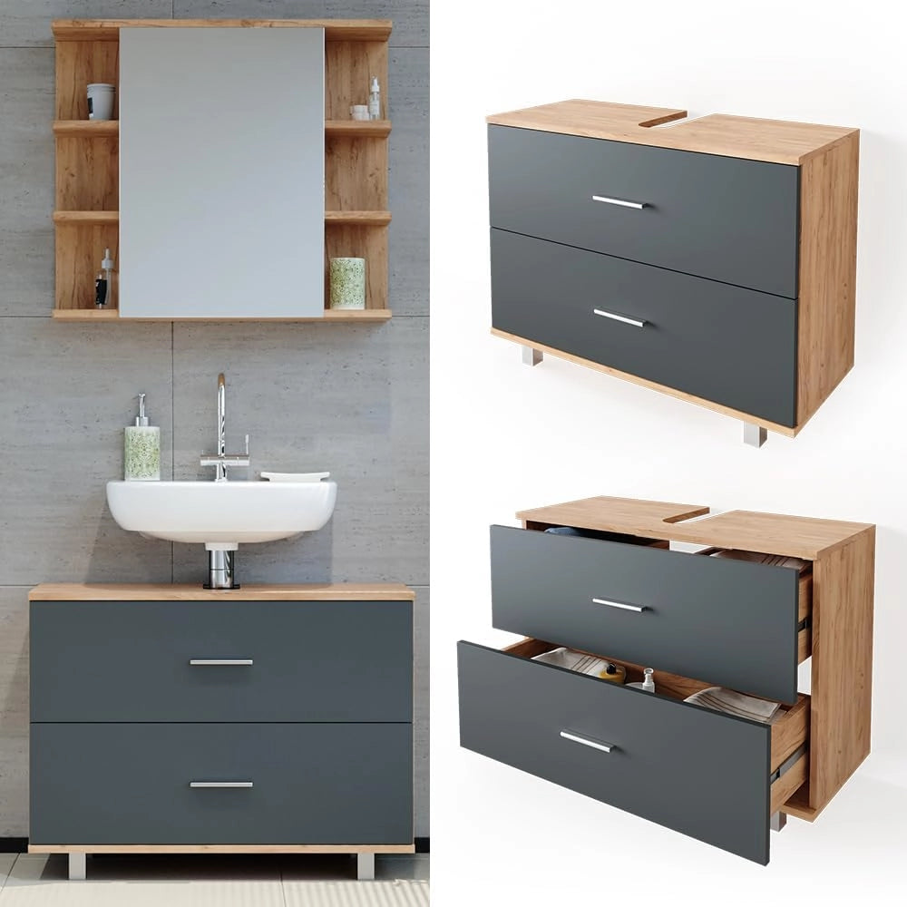 Mobile sottolavabo per bagno Ilias, Antracite/quercia dorata, 80 x 60.8 cm, con ritaglio per sifone e aperture di ventilazione laterali